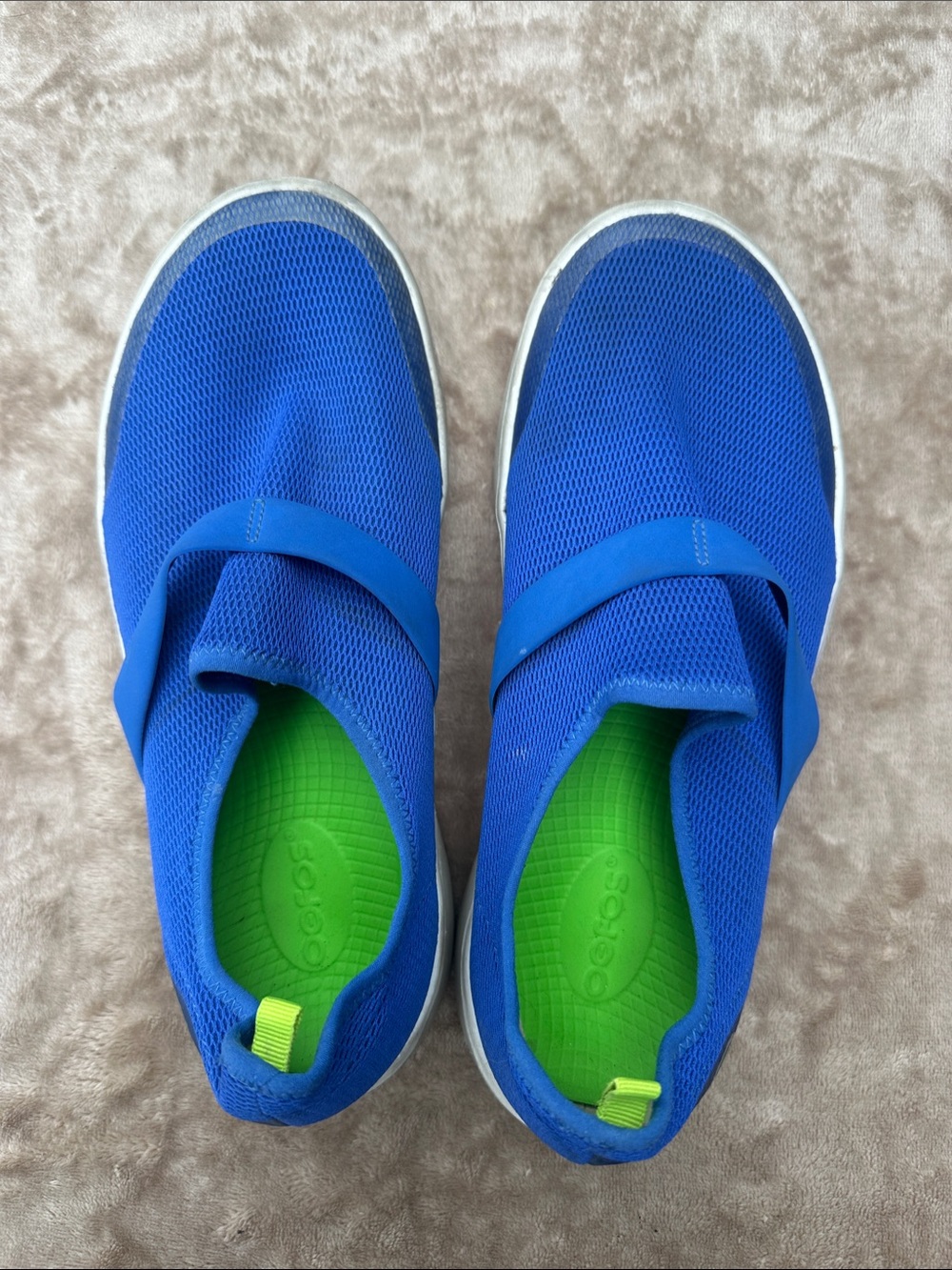 OOFOS Women's Blue Slip-On Athletic Sneakers with Neon Green Insole